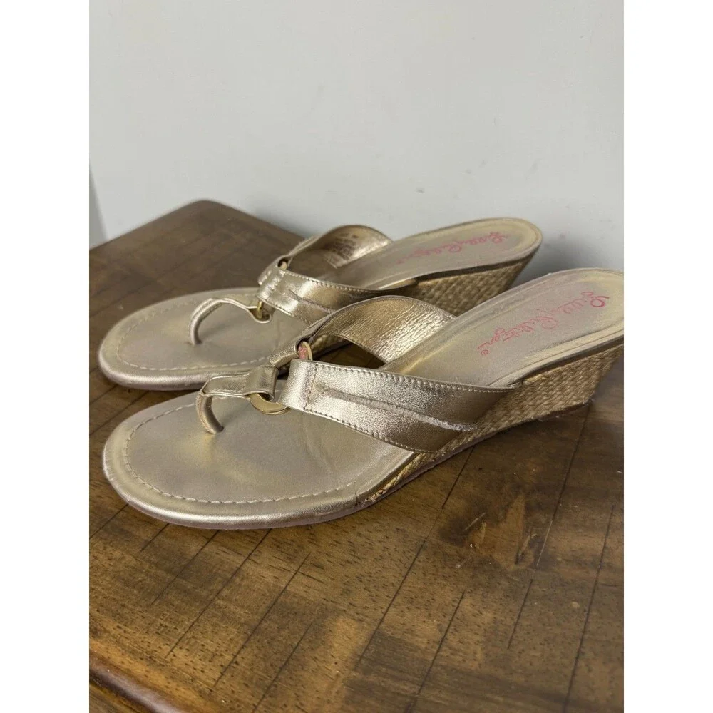 Lilly Pulitzer McKim Gold Metallic Leather Wedge Sandals Women’s 8M Resort